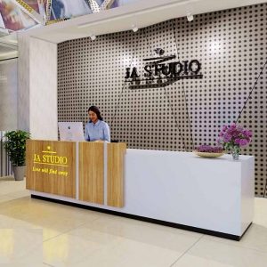 Bàn lễ tân 2m4 trắng phối vàng giá rẻ